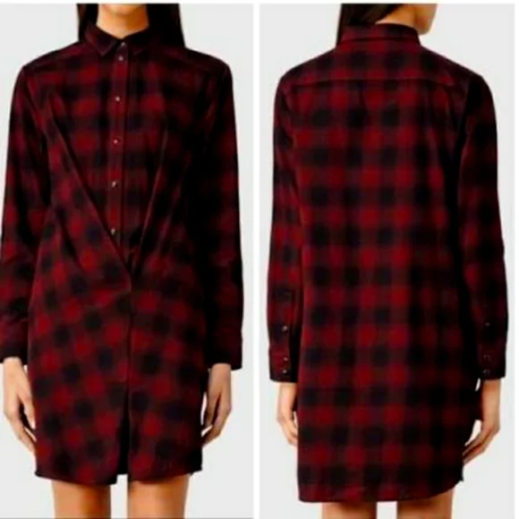 All Saints burgundy red and black buffalo plaid button front tunic dress NWOT - Picture 1 of 2